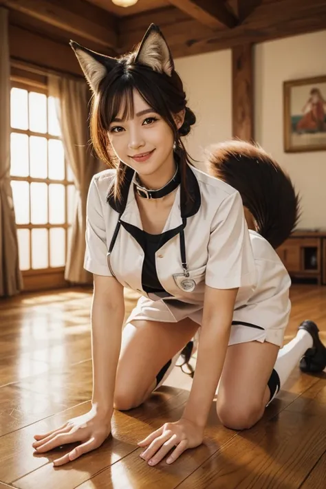 ((highest quality)), ((masterpiece)), (get used to it), perfect face, fox girl, Beautiful woman, public, A tail is growing, she has a fluffy tail, she has a fox tail, she wags her tail, smile, collar and leash, get down on all fours, she is wearing a nurse...