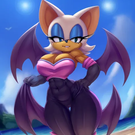 a digital artwork of Rouge the bat with abs wearing a crop top of her original outfit with a bare midriff and a bare navel , digital art, ((perfect face)), ((best quality)), ((masterpiece)), she has a tan midriff