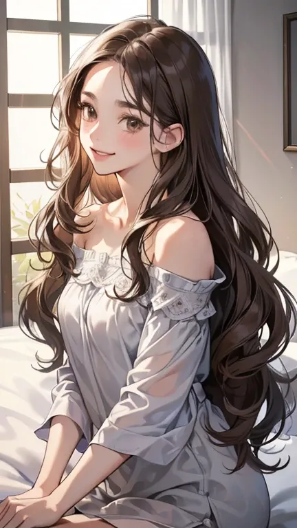 (at night, digital illustration, 4k, 8k, Super detailed, beautiful images, clear image, perfect face, perfect lines, perfect eyes) 1 female, (in bedroom, gray long wavy hair, innocent look, look at viewer, side view,Over-the-shoulder ,droopy eyes, brown ey...