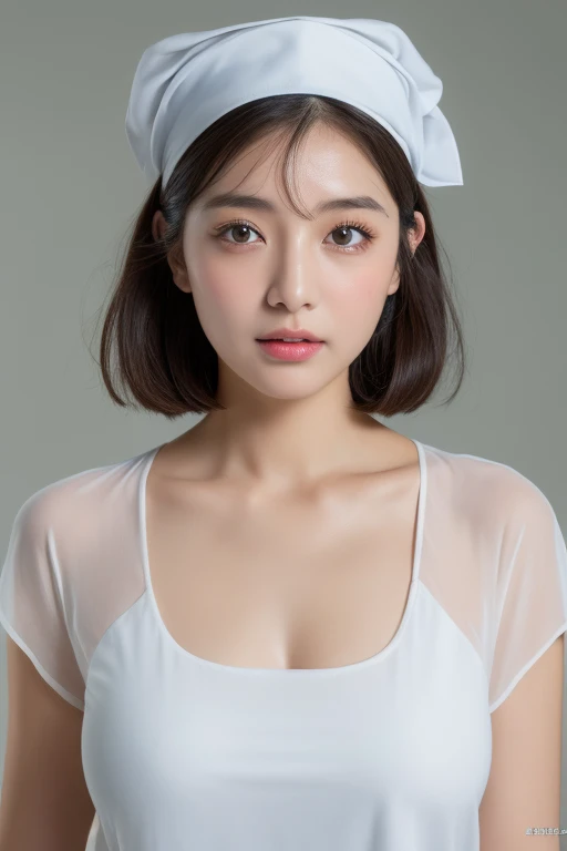 (highest quality、8K、32k、masterpiece、UHD:1.2)、photo of cute japanese woman、1 girl、(dark brown medium short hair)、(huge tit)、double eyelid、Take off your white nurse uniform、little white nurse (cap) 、White sheer underwear、full body esbian、Sexy