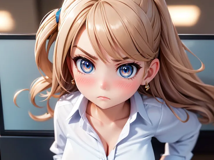 (high quality, High resolution, fine details, actual), ((((Cheeks swell)))), Put your hands on your hips, rely on, alone, miss, ((Female office worker)), Bright Eyes, (exquisite eyes), angry, blush, Shallow depth of field