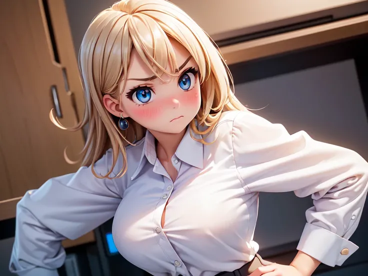 (high quality, High resolution, fine details, actual), ((((Cheeks swell)))), Put your hands on your hips, rely on, alone, miss, ((Female office worker)), Bright Eyes, (exquisite eyes), angry, blush, Shallow depth of field