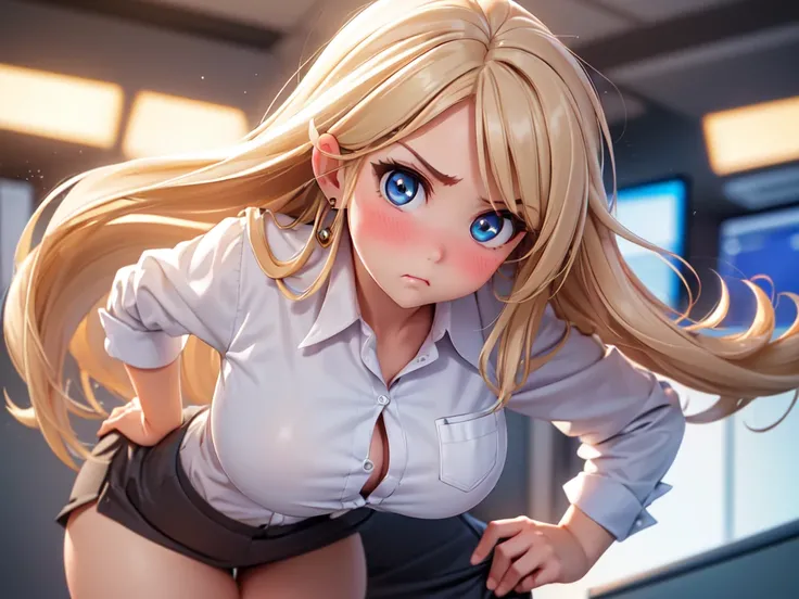 (high quality, High resolution, fine details, actual), ((((Cheeks swell)))), Put your hands on your hips, rely on, alone, miss, ((Female office worker)), Bright Eyes, (exquisite eyes), angry, blush, Shallow depth of field