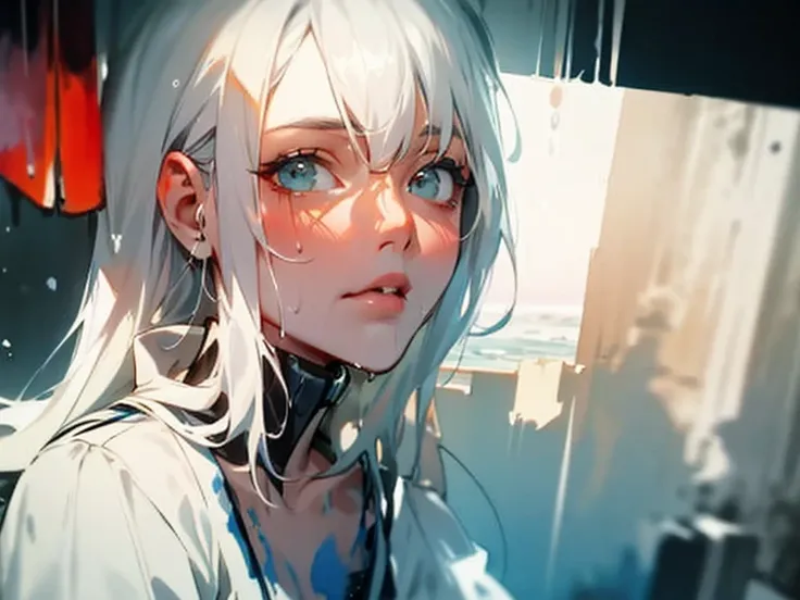 A stunningly beautiful young woman in an apocalyptic, devastated world, beautiful silver hair, side, No sleeve, seaside,  Portrait by Willem Henraets, watercolor, Wet-on-wet and splatter techniques, in the center, perfect composition, abstraction, surreali...