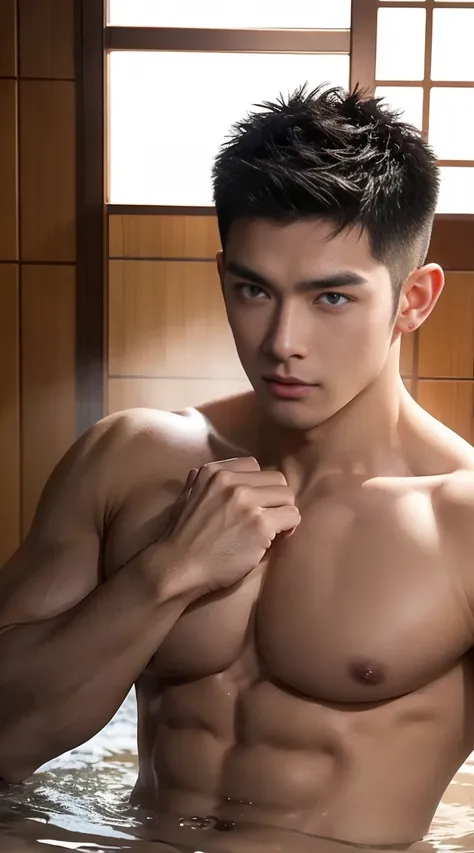 asian male model, big muscles, Full chest muscles，Sexy and charming expression，blue eyes，Handsome, cool, Hair combed smoothly, piercing ears,naked，Wear sexy tongs，Big bag highlights, image, modeling, dynamic poses, Tsinghua University male student bathhous...