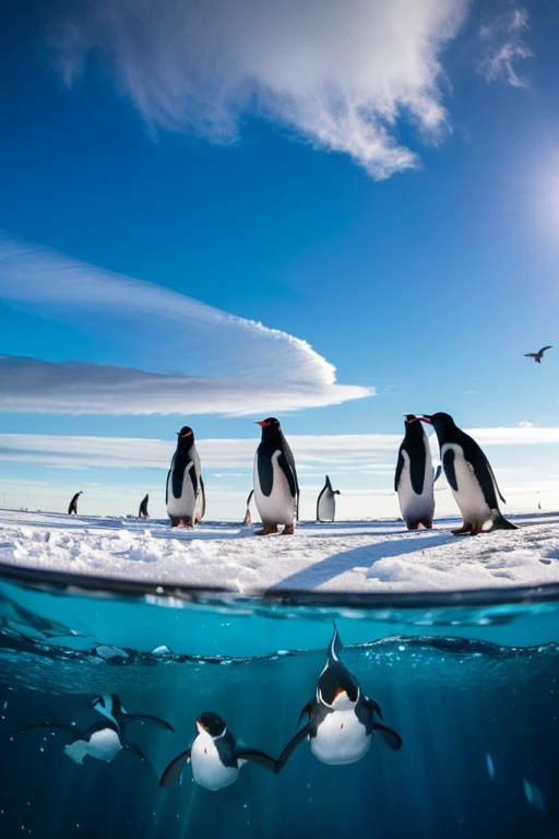 A flock of penguins under the sky, Penguins under the ice, Ice has thick and thin spots, Under the ice is the sea, Two sharks in the sea, A cross-sectional view of the sky, ice, ice and sea