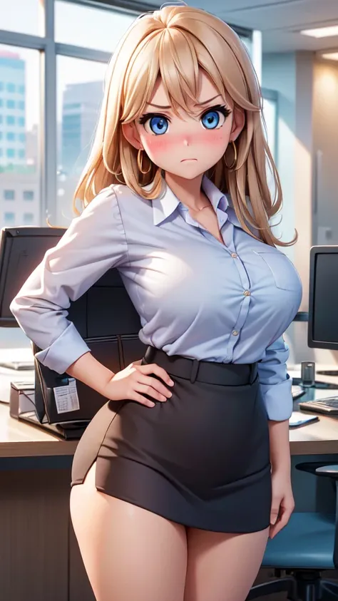 (high quality, High resolution, fine details, actual), ((((Cheeks swell)))), Put your hands on your hips, rely on, alone, miss, ((Female office worker)), Bright Eyes, (exquisite eyes), angry, blush, Shallow depth of field