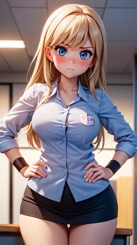 (high quality, High resolution, fine details, actual), ((((Cheeks swell)))), Put your hands on your hips, rely on, alone, miss, ((Female office worker)), Bright Eyes, (exquisite eyes), angry, blush, Shallow depth of field