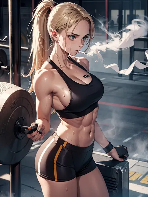 sport girl smoking a cigarette, smoking, smoker, sweating, abs, more smoke, working out, 