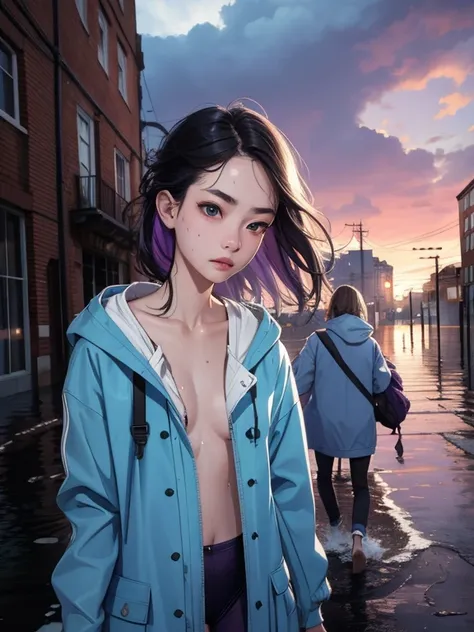 masterpiece, best quality, (ruined city), girls, 18yo teen, slim, small breast,d, wading in water, blue raincoat, open raincoat, nipple, white panties, (backpacks), (look up), anxious, confused, sad, purple and orande stormy clouds, evening light, (flood:1...