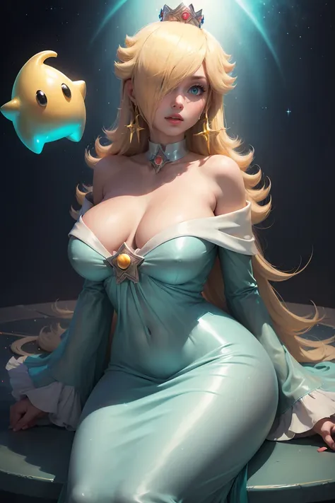 ((Princess Rosalina from super mario bros series))(she has big glowing blue eyes)(bright red lips) ((long blonde hair))(((long bangs hide one eye)))(dark eyeshadows make up)((very huge breasts)) (perfect slim body) ((wear aquamarine dress, gold crown)) (cr...