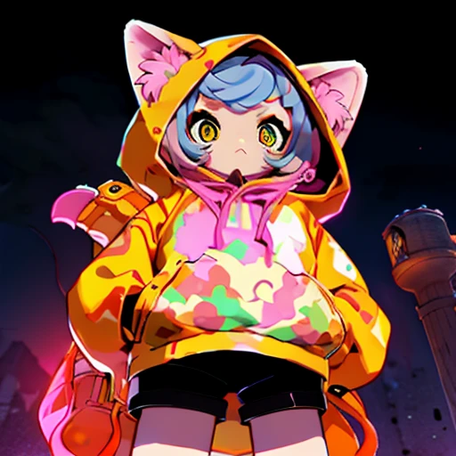 Full body, cat ears, kemomimi, armed, hoodie, shorts, night