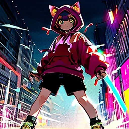 Full body picture Cat ears hoodie Shorts Great sword