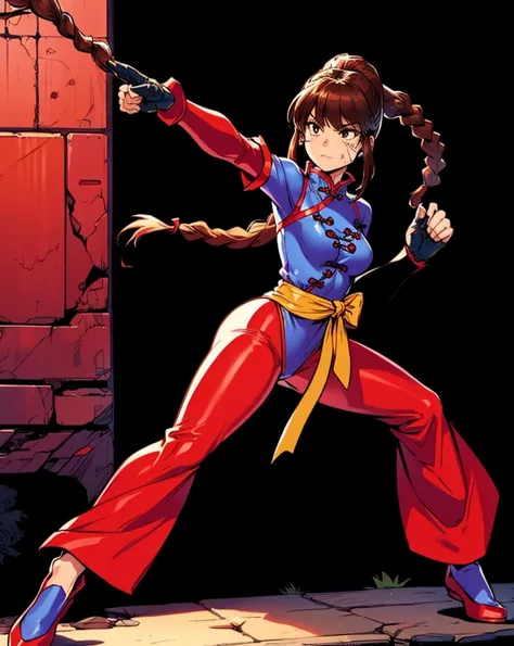 lei kugo, solo, live a live, chinese clothes, traditional clothes, action pose, full body, brown hair, braided hair, cross scars...