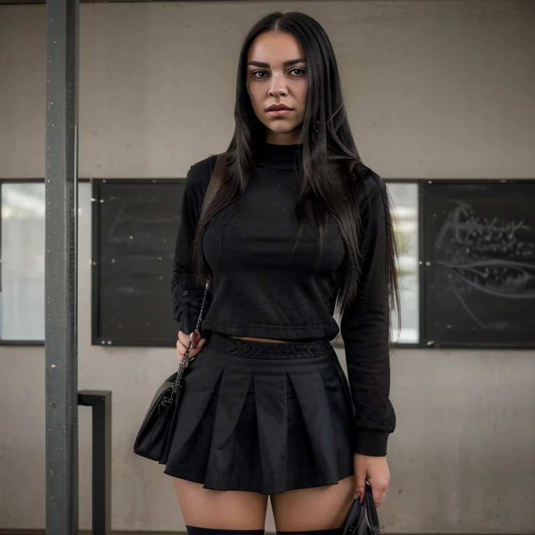 At school, a girl, frontal, long black hair, black short skirt, bag, angry, abusive, super detailed, 4k