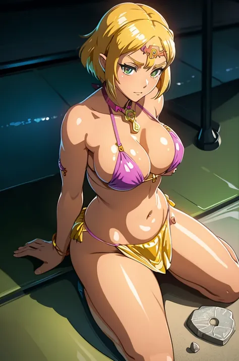 araffe gyaru woman in a purple bikini sitting on a floor, hylien ear, metal bikini, shiny plastic bikini, pink body harness, blonde goddess, big breast, curvy body, milf, bimbo, draped in shiny oil, wearing pearl neon bikini, shiny golden bikini, iridescen...