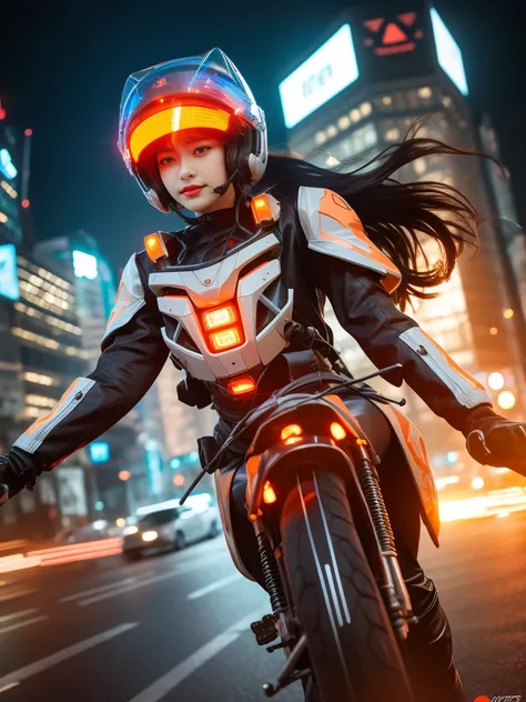 Highest image quality，Outstanding details，ultra high resolution，（fidelity：1.4），The best illustration，Favor the details，Highly cohesive 1girl，He has a delicate and beautiful face，Dressed in a light orange mech，wearing a mech helmet，Hold the direction contro...