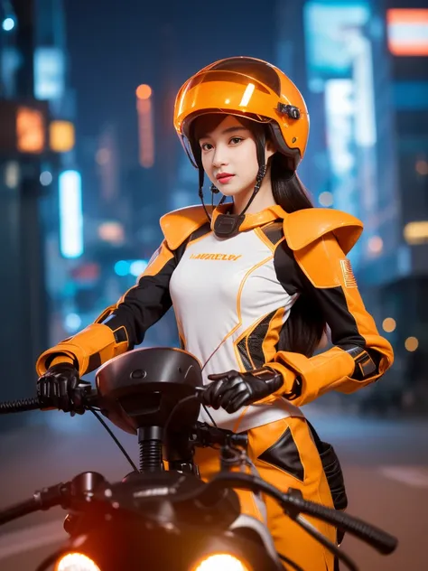 Highest image quality，Outstanding details，ultra high resolution，（fidelity：1.4），The best illustration，Favor the details，Highly cohesive 1girl，He has a delicate and beautiful face，Dressed in a light orange mech，wearing a mech helmet，Hold the direction contro...