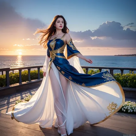 Russian woman with golden silk smooth hair, dark blue silk dress embroidered with white flowers, smooth flowing surfaces, bright details of clothes, photorealistic carefully drawn digital painting, sunset lighting, daylight, on the background of the sea te...