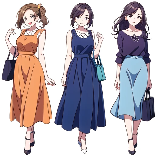 (((Best Quality))) , ((full body)), 4 lady, multiple views, white background, variety of hairstyles, variety of fashion styles, seductive pose, fashionable and trendy atmosphere, holding bag, spring outfits, walk pose, long skirt, dark blue/dark orange/dar...