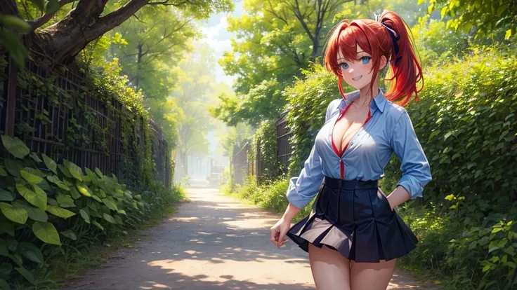 1girl, full body, summer, village, trees, sun, clouds, ((colorful hair)), ponytail, large breasts, button down, blue eyes, ((red, white and green shirt)), ((unbuttoned shirt)), unbuttoning buttons, ((short sleeved shirt)), black mini skirt, brown shoes, gr...