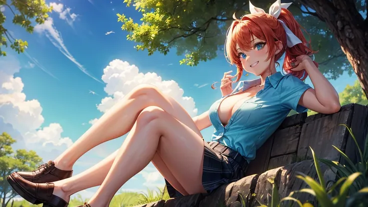 1girl, full body, summer, village, trees, sun, clouds, ((colorful hair)), ponytail, large breasts, button down, blue eyes, ((red, white and green shirt)), ((unbuttoned shirt)), unbuttoning buttons, ((short sleeved shirt)), black mini skirt, brown shoes, gr...