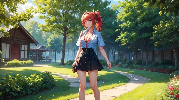 1girl, full body, summer, village, trees, sun, clouds, ((colorful hair)), ponytail, large breasts, button down, blue eyes, ((red, white and green shirt)), ((unbuttoned shirt)), unbuttoning buttons, ((short sleeved shirt)), black mini skirt, brown shoes, gr...