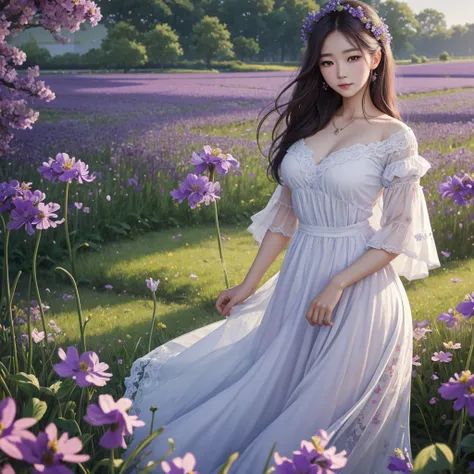 a woman in a lavande field with flowers in her hair, une photo de Yang J, tumblr, art fantastique, lavande, art fantastique style, fantaisie magnifique, beautiful south korean woman, belle fille animée, beautiful work of&#39;Digital art, robe violette, ten...