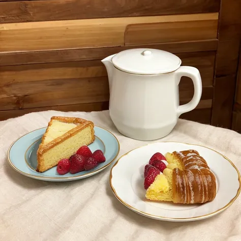 Box of pastries、Plate with cake on it、The background is pure white