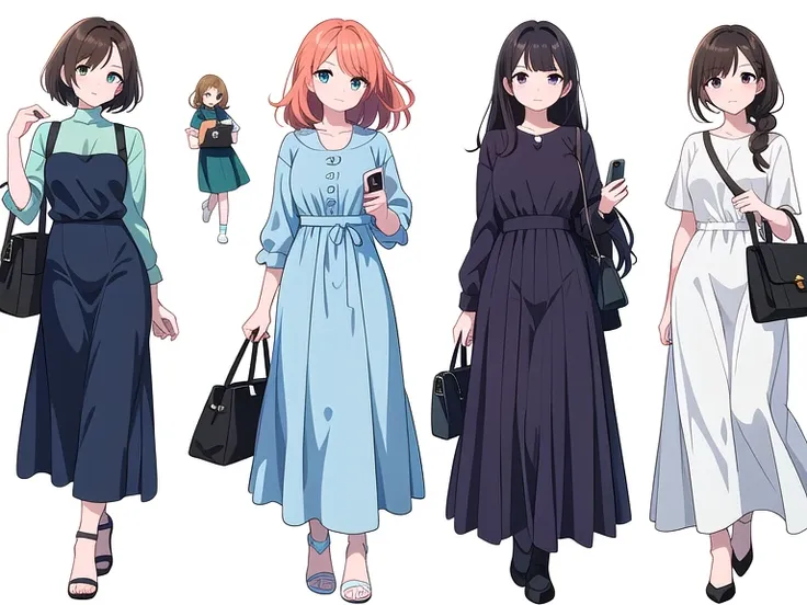 (((Best Quality))) , 4 women, multiple views, white background, variety of hairstyles, spring outfits, holding bag, walk pose, holding smart phone, looking at another, dark blue/dark orange/dark green/dark violet/brown/white, 
