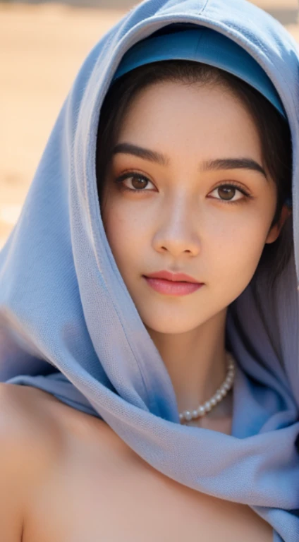 nsfw, (((topless))),,Dilraba Dilmurat, hijab, jilbab, muslim face mask, mouth veil, freckles, eyes mascara, masterpiece, best quality, photorealistic, glowing sparkly skin, soft lighting, voluptuous, windy desert, blowing swirling sand grains, sunny backli...