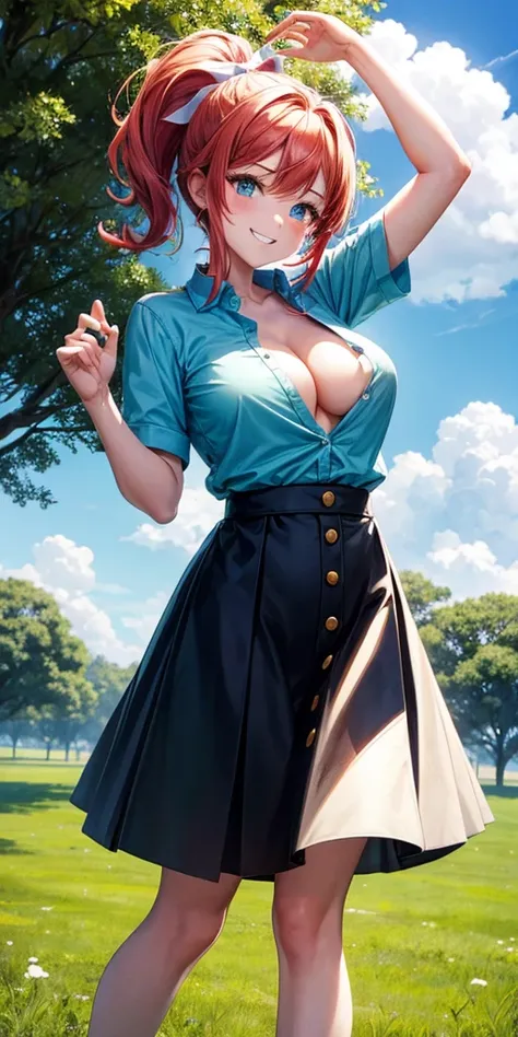 1girl, full body, summer, village, trees, sun, clouds, ((colorful hair)), ponytail, large breasts, button down, blue eyes, ((red, white and green shirt)), ((unbuttoned shirt)), unbuttoning buttons, ((short sleeved shirt)), black mini skirt, brown shoes, gr...