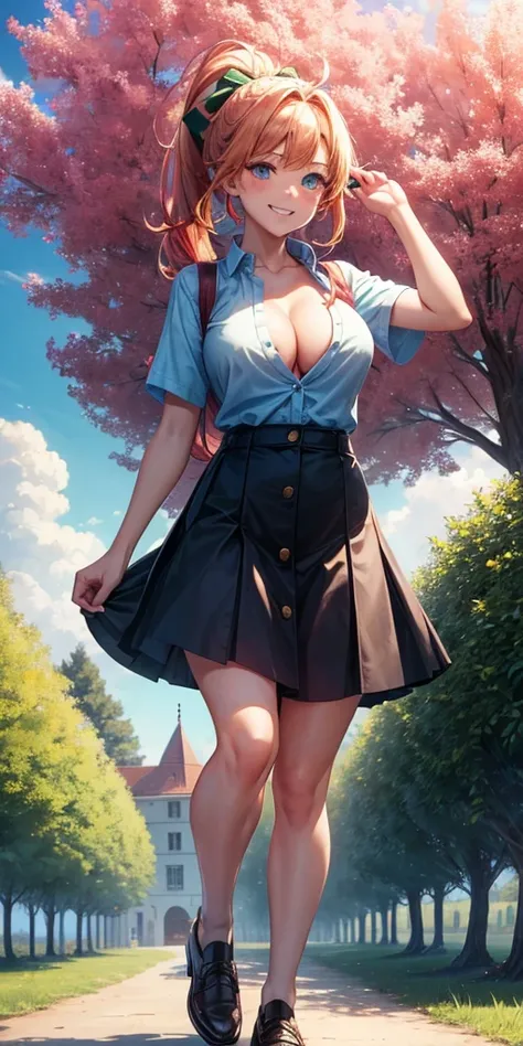 1girl, full body, summer, village, trees, sun, clouds, ((colorful hair)), ponytail, large breasts, button down, blue eyes, ((red, white and green shirt)), ((unbuttoned shirt)), unbuttoning buttons, ((short sleeved shirt)), black mini skirt, brown shoes, gr...