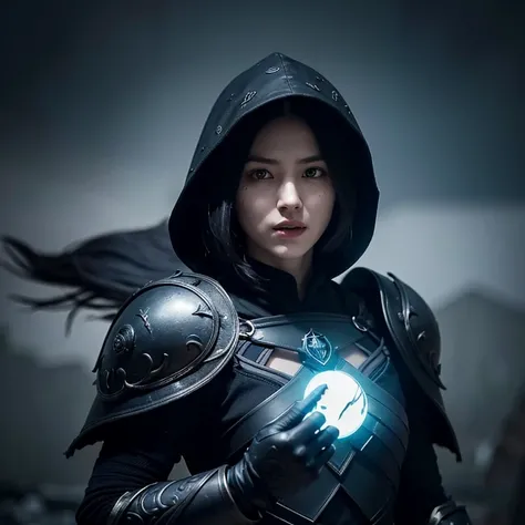 A dark ghostly female silhouette. Messenger of Chaos Gods. Exiled warrior. dark armor. Cracked armor. Canvas hood. Runic circle. Elements. Power from inside. Glowing eyes. Bokeh blur.dissolve.Bad Dream photorealistic, fantastic colors, intricate background