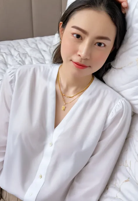 1 girl,8k, masterpiece,on bed, small gold necklace,white shirt