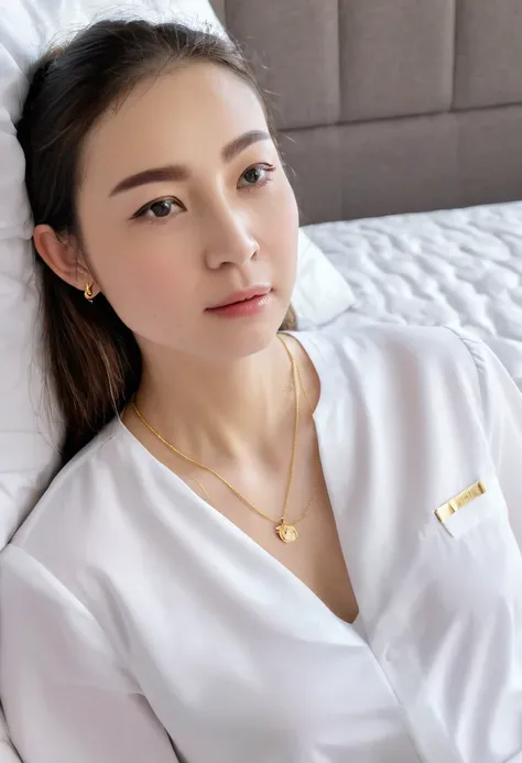 1 girl,8k, masterpiece,on bed, small gold necklace,white shirt