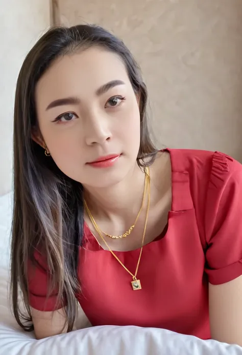 1 girl,8k, masterpiece,on bed, small gold necklace,red shirt