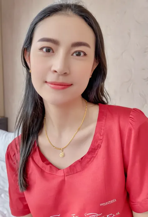 1 girl,8k, masterpiece,on bed, small gold necklace,red shirt