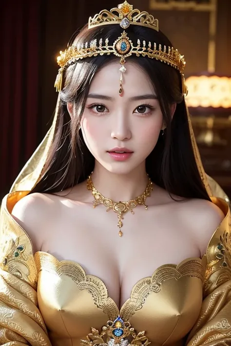 arafed woman in a golden dress with a golden headpiece, digital art inspired by Jin Nong, cgsociety contest winner, digital art, a beautiful fantasy empress, beautiful oriental woman, ((a beautiful fantasy empress)), a stunning portrait of a goddess, wlop ...