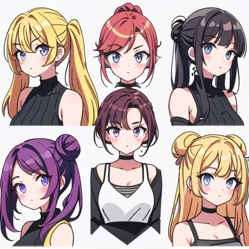 9 girls, white background,  different characters, multiple views, (Close up heads, portrait, mugshot), bra, bare shoulders, bikini, different hair colors, different hair styles, multiple expressions, 
twin-tail hair style, 
pony-tail hair, wavy 
long hair,...