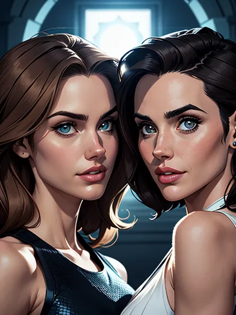 Cartoon style digital illustration Cartoon style Alexandra Daddario and Jennifer Connelly are close to each other, with calm and confident expressions. Both are illuminated by a soft light, highlighting your stunning facial features. Estilo Cartoon Alexand...