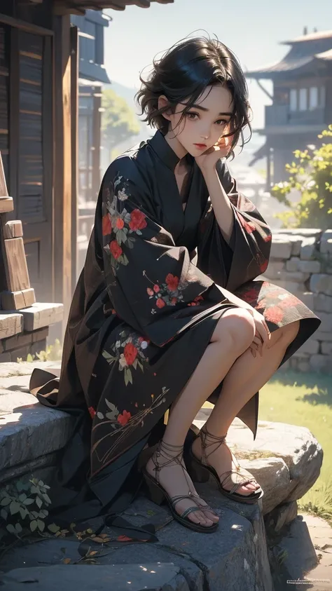 (Highly detailed CG unit 8k wallpaper, masterpiece, High resolution, highest quality, highest qualityのリアルテクスチャスキン), Woman sitting on a stone wall:1.4, A cool fashion girl influenced by nostalgic and inorganic fashion, Asymmetrical short hair, Neatly trimme...