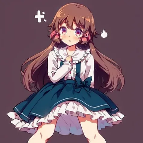 Girl, Goldia die Heilige, long brown hair, cherry coloured eyes, blouse, blue skirt, hentai.