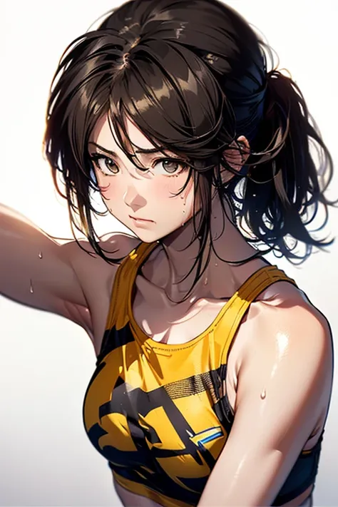 (highest quality, 8K, oil, table top:1.2), Super detailed, (realistic, realistic:1.37), (((full body shot)))、Bright colors, (((my face is sweaty)))、(((yellow sports bra)))、(((English Print Sports Bra)))、(((２０Women of a certain age)))、(((yellow sports bra))...