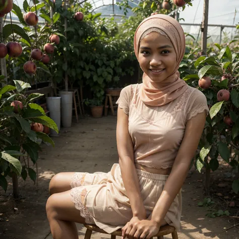 Realistic photo depicting 1 Indonesian woman in hijab, villager, poor woman, 18 years old, wearing peach color hijab jilbab, wearing see-through peach color lace camisole, wearing very short see-through peach color lace skirt, wearing no footwear, smiling,...