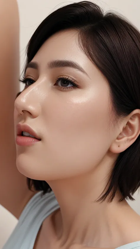 masutepiece,,award - winning photo, Extremely detailed, edgOrgasm,Face Focus Face、35 year old、A dark-haired、Glossy skin、Close-up of face,(Super close-up of nose,Face shot),low angles:1.5,(Realistic nostrils)、Lens Distortion Removal、Reproduction of pores、pr...