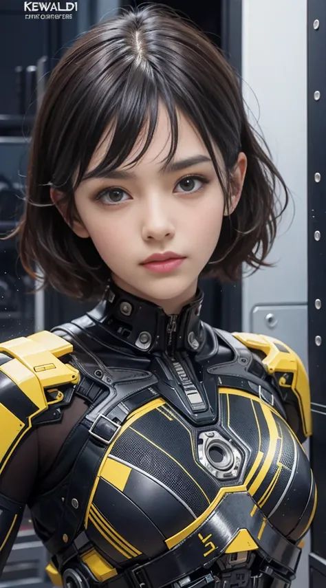 A girl looking at the audience, (front: 1.5), short black hair, bangs, pale yellow mech, mechanical, futuristic, 8k HD image, more details, solid background, (upper body: 1.5), brown eyes, real, bust diagram, realism, high detail, masterpiece, UHD, masterp...