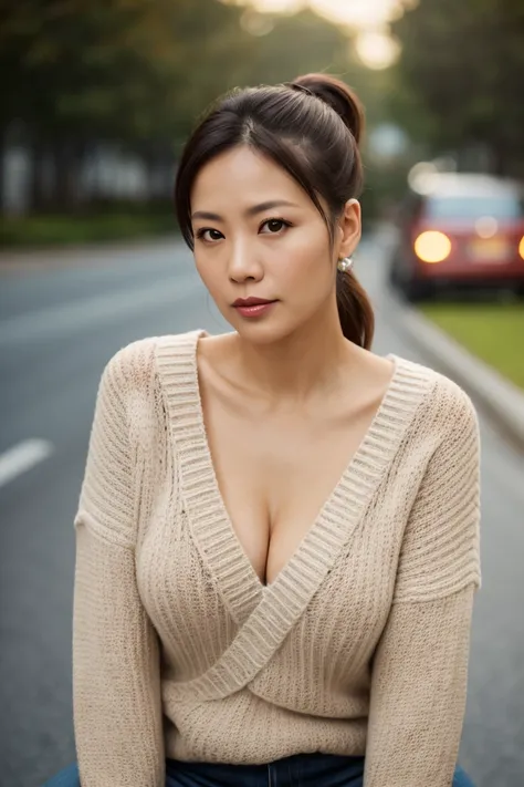 Portrait of a middle-aged Taiwanese woman, 40 years old, cute face, Slim, Tortitz, (big sagging:1.1), huge nipples, wear (Sexy sweater:1.2), standing on the road, Bokeh background, Simple background, (highly refined skin:1.0), (masterpiece:1.2) (lifelike:1...