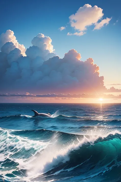 landscape，Blue sky and white clouds，The boundless ocean sparkles，Dolphins dancing on the sea，Looking down from a distance