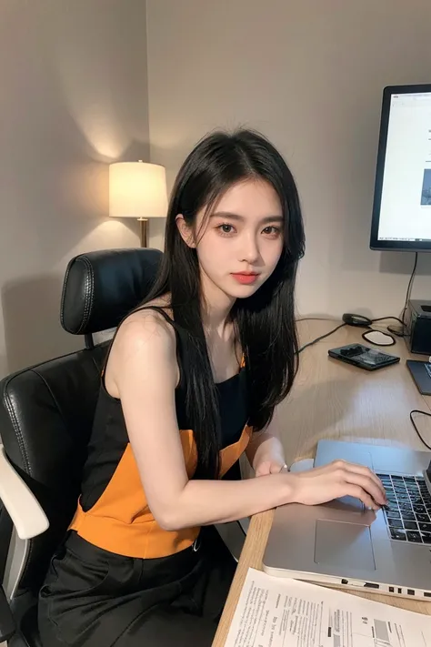  sitting on the chair,A friendly looking female business character who is wearing a black yellow. he is sitting behind his laptop in his office, arms on his desk. it is night. the room has volumetric lighting. he is front facing to the camera, looking stra...